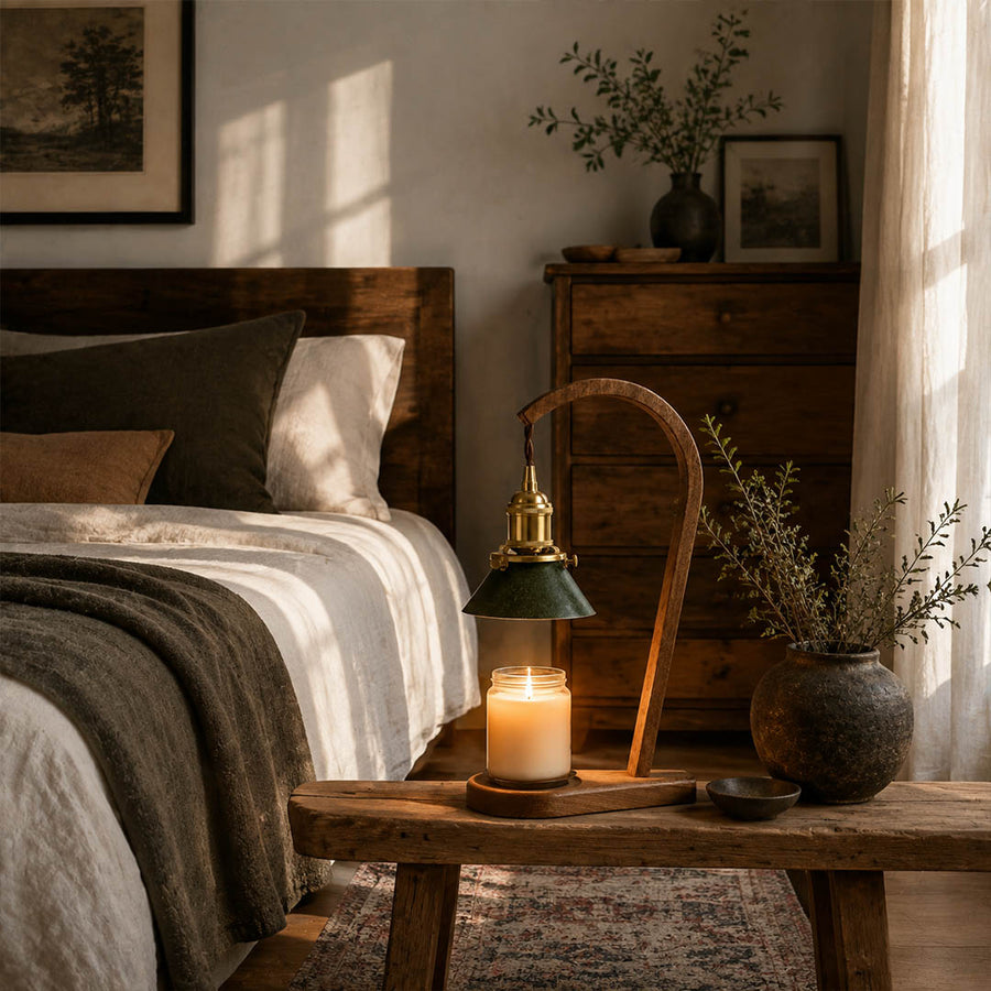 Vireo candle warmer lamp bedroom nightstand bedside scent warming warm glow wood green cozy American home lifestyle interior styled