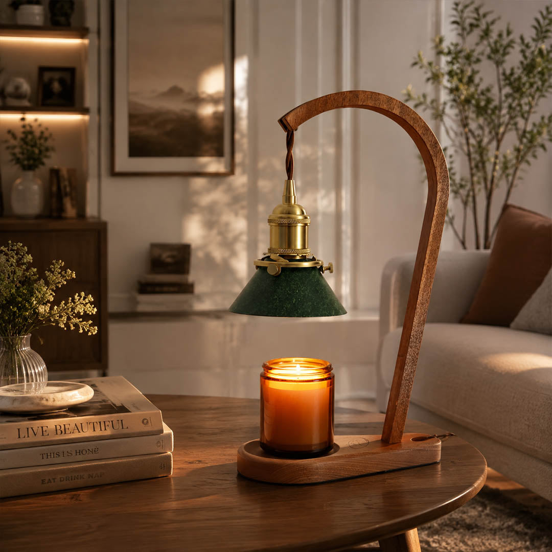 Vireo candle warmer lamp wabi sabi japandi natural space scent warming wood green warm American home lifestyle interior styled