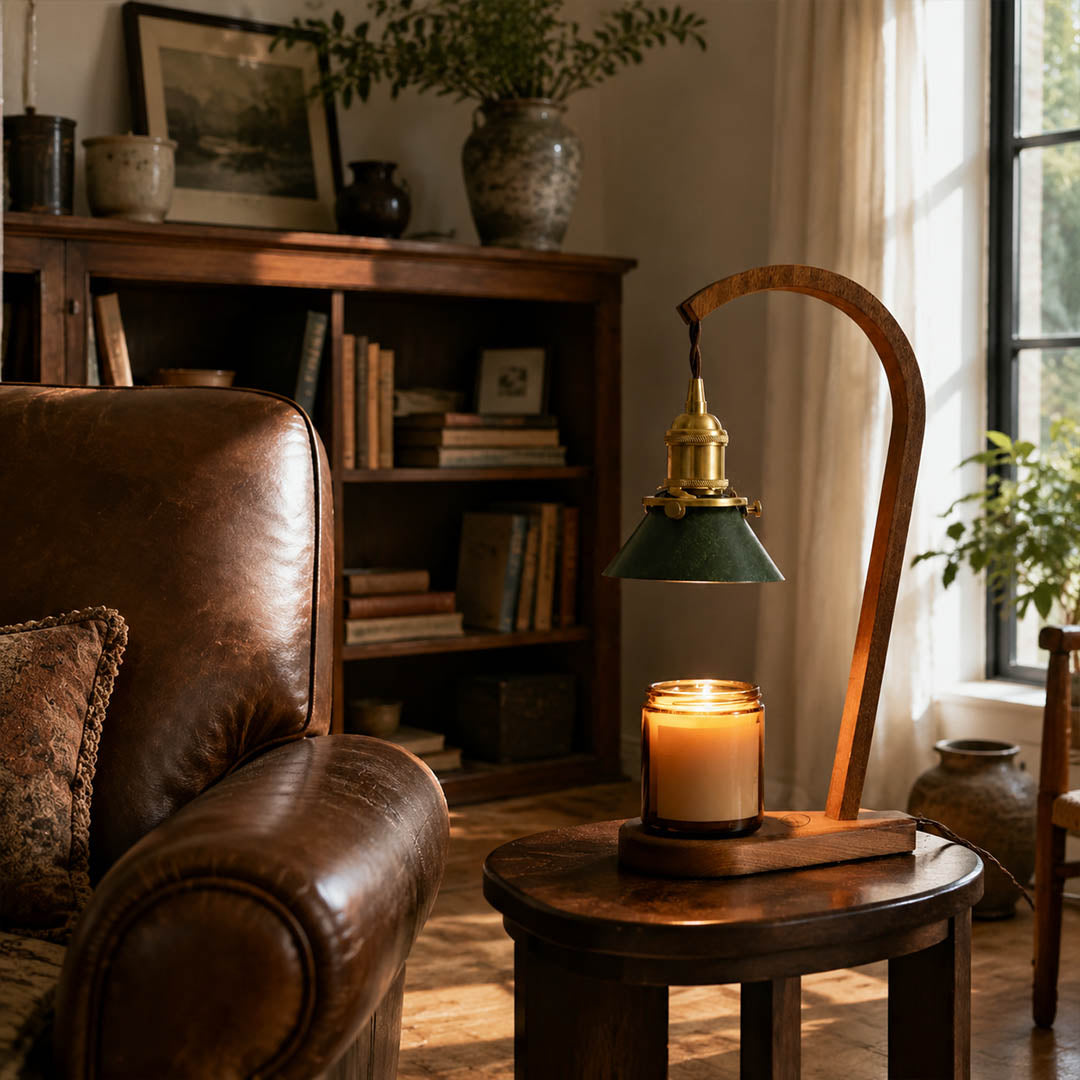Vireo candle warmer lamp living room side table scent warming warm glow wood green natural cozy American home lifestyle interior styled
