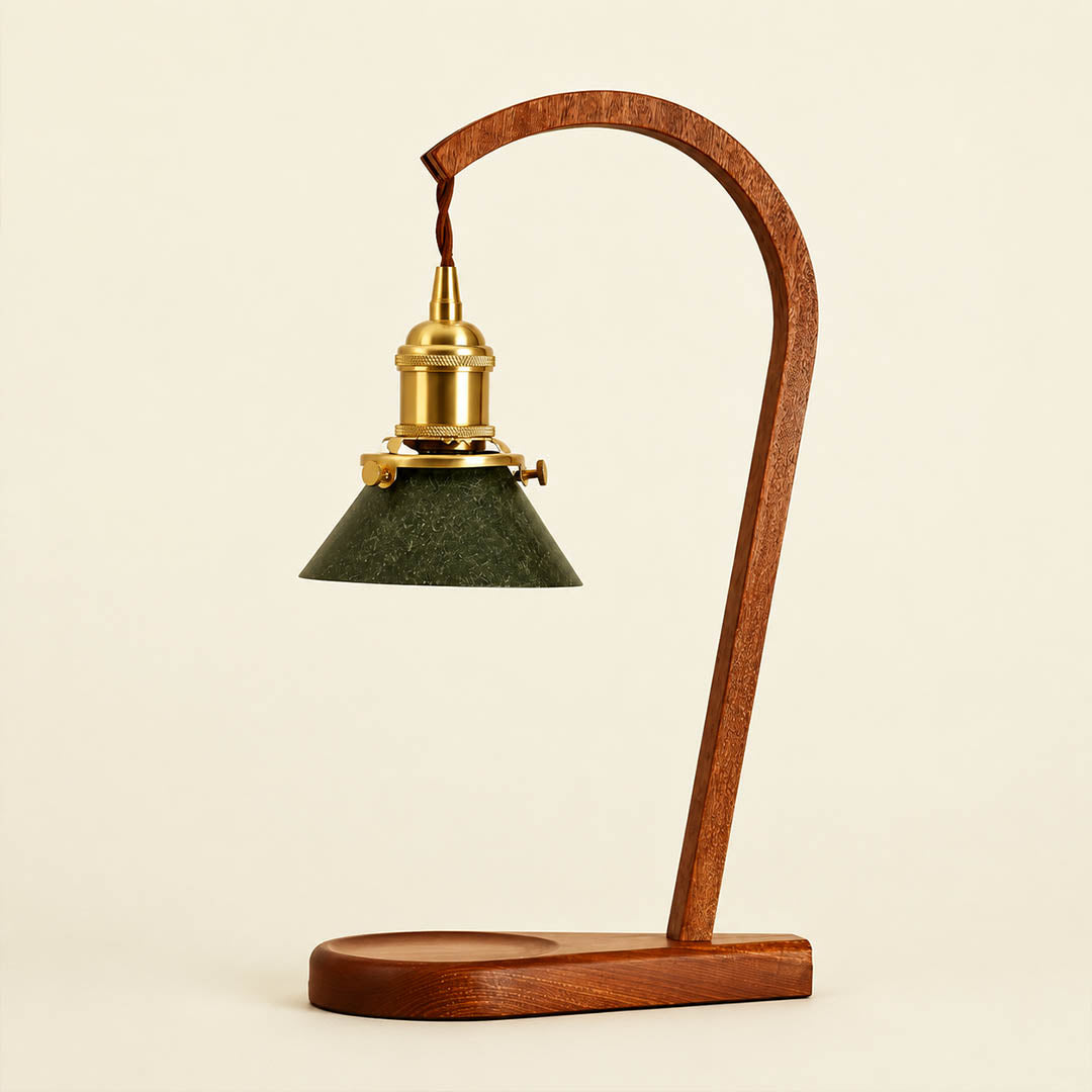 Vireo candle warmer lamp walnut wood grain green shade gold detail scent warmer close up craftsmanship natural