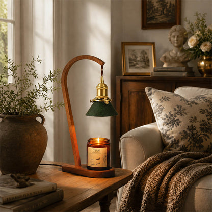 Vireo candle warmer lamp living room side table scent warming warm glow wood green natural cozy American home lifestyle interior styled