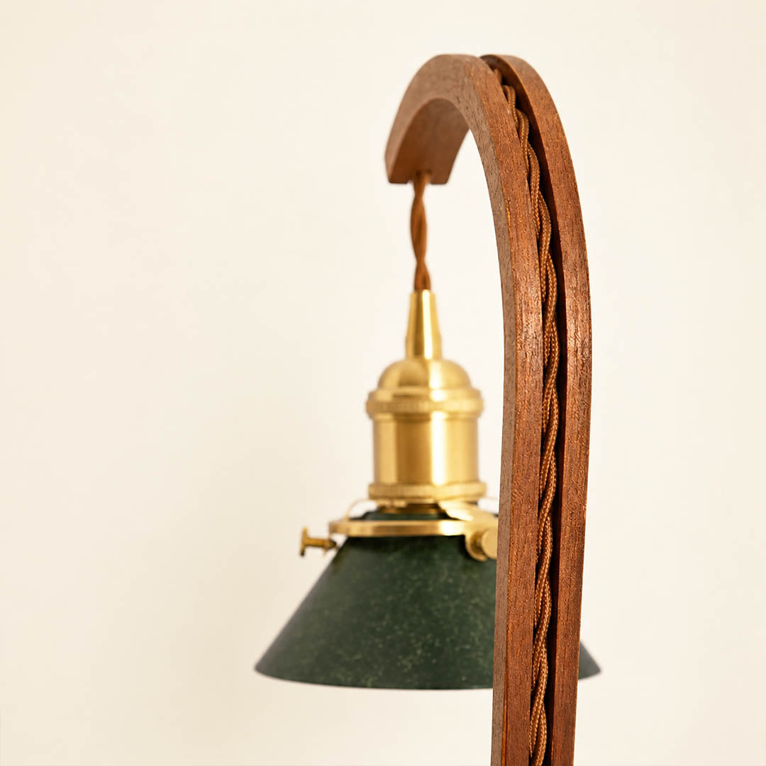 Vireo candle warmer lamp walnut wood grain green shade gold detail scent warmer close up craftsmanship natural