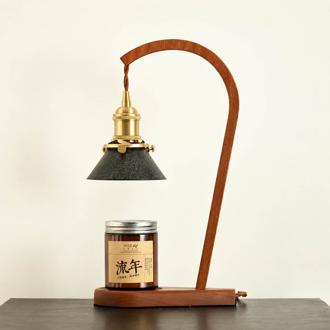 Vireo candle warmer lamp walnut wood column green shade profile scent warmer natural white background