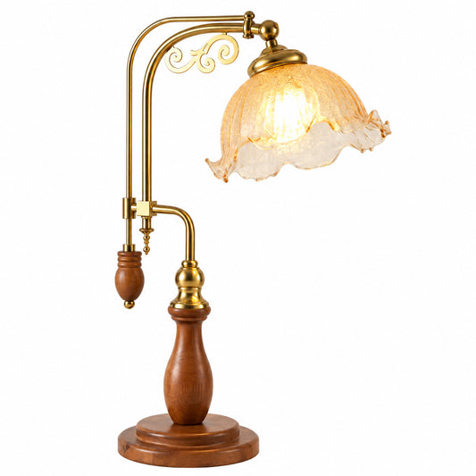 Volant vintage table lamp with a ruffled glass shade and balance-arm on a solid walnut base glowing warm