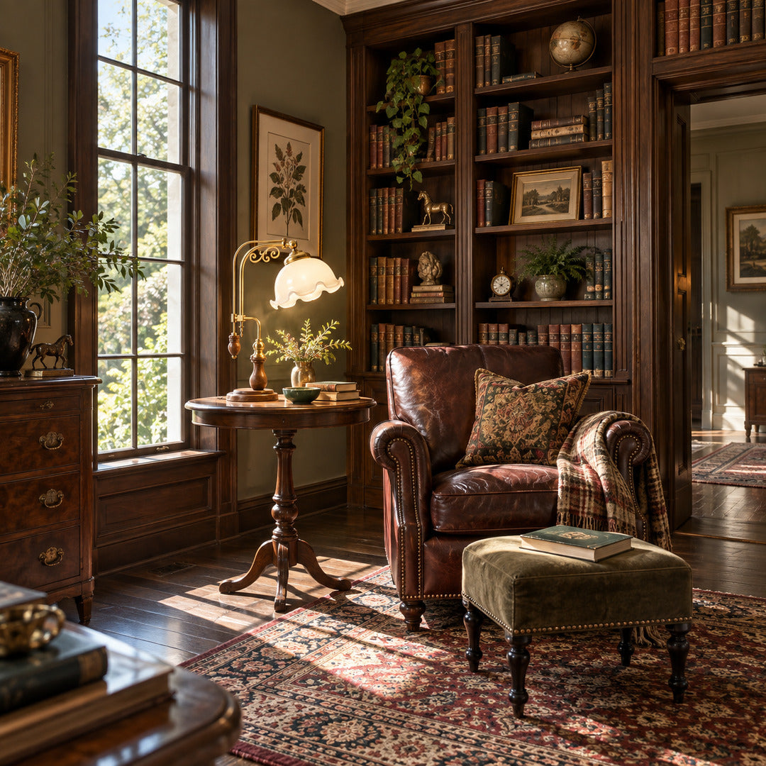 Volant vintage table lamp lighting a cozy corner reading nook beside an armchair