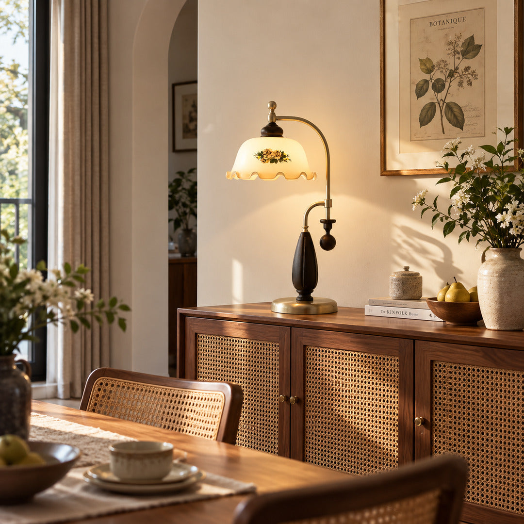Pair of Volant vintage table lamps on a dining room sideboard for a symmetrical retro accent
