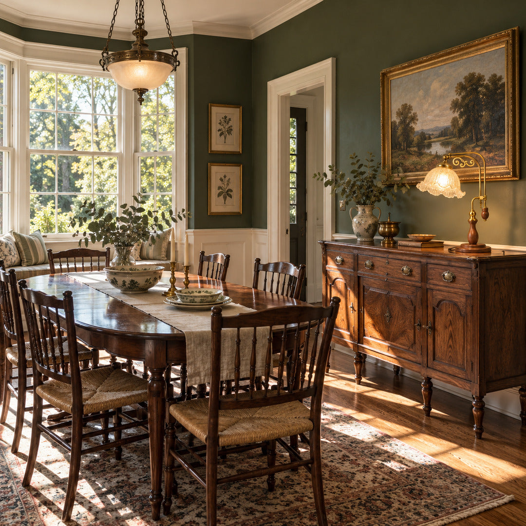 Pair of Volant vintage table lamps on a dining room sideboard for a symmetrical retro accent