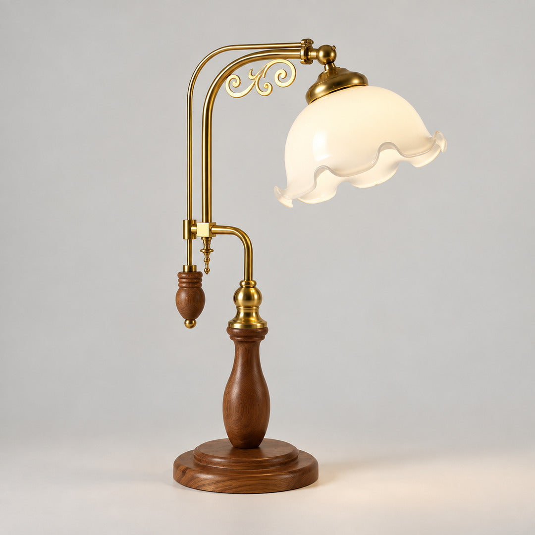 Model A Volant vintage table lamp with a nickel arm dark wood base and rose-print ruffled glass shade
