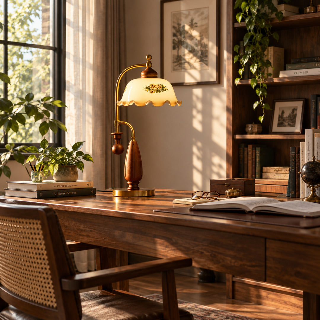 Volant vintage bankers table lamp providing a warm glow on a study desk