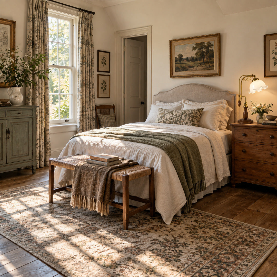 Volant vintage table lamp casting a warm glow on a bedroom nightstand for bedside reading