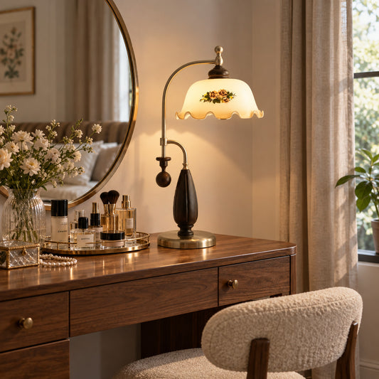Volant vintage table lamp providing soft light on a bedroom dresser or vanity