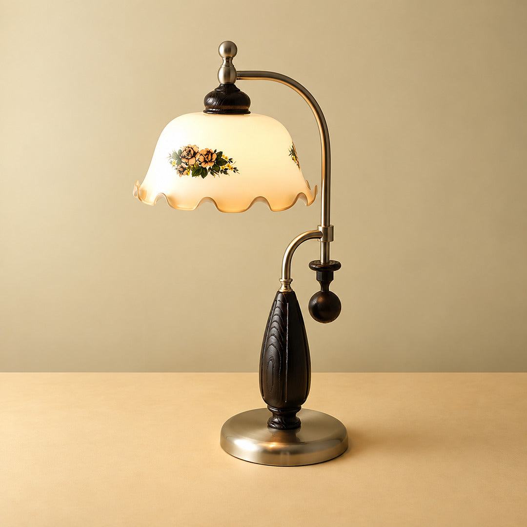 Model C Volant vintage table lamp with a scrolled brass arm walnut base and plain white ruffled glass shade