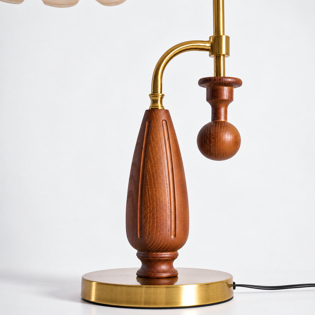 Detail of the balance-arm and turned wood counterweight on the Volant vintage table lamp