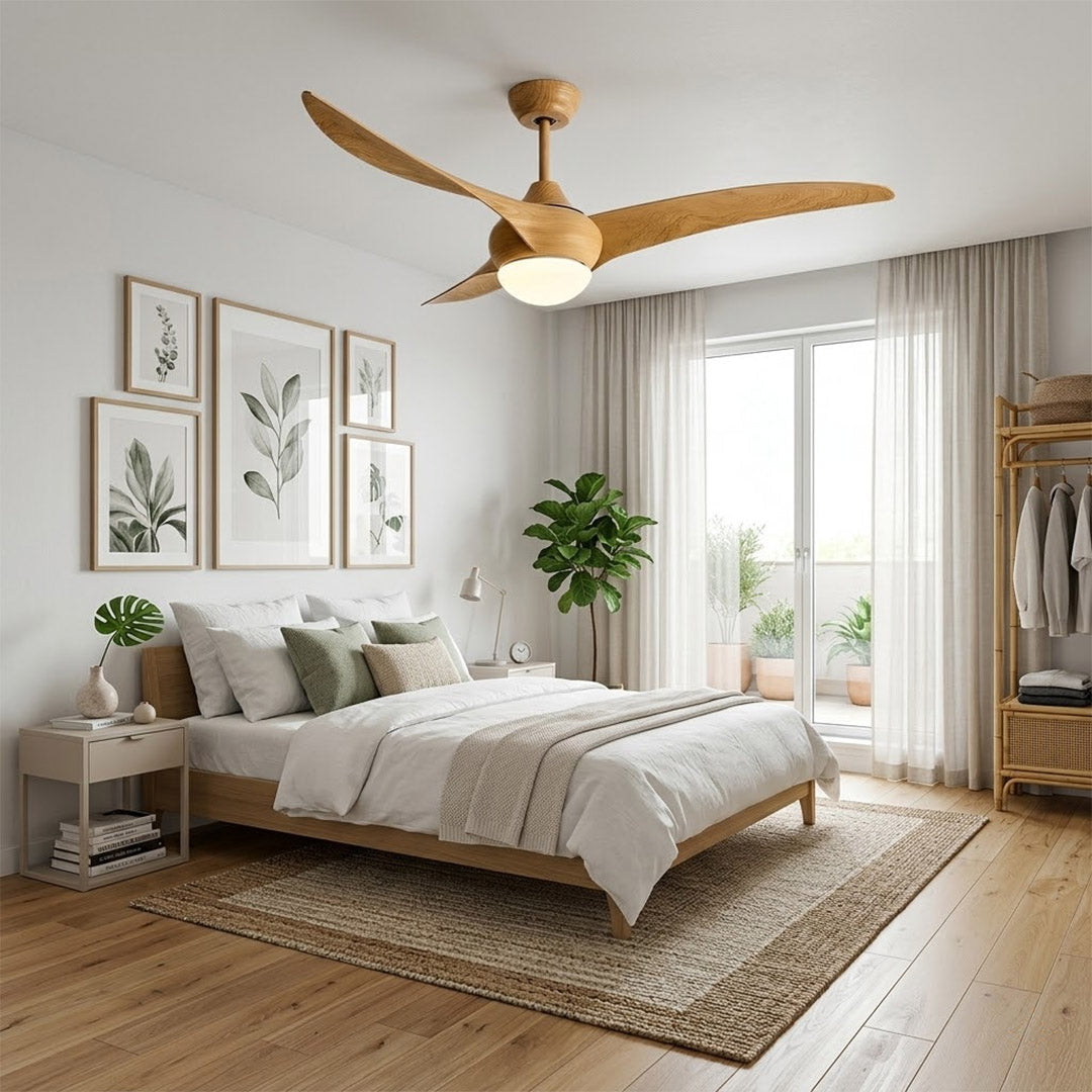 Volari flush mount ceiling fan master bedroom quiet operation modern minimalist interior