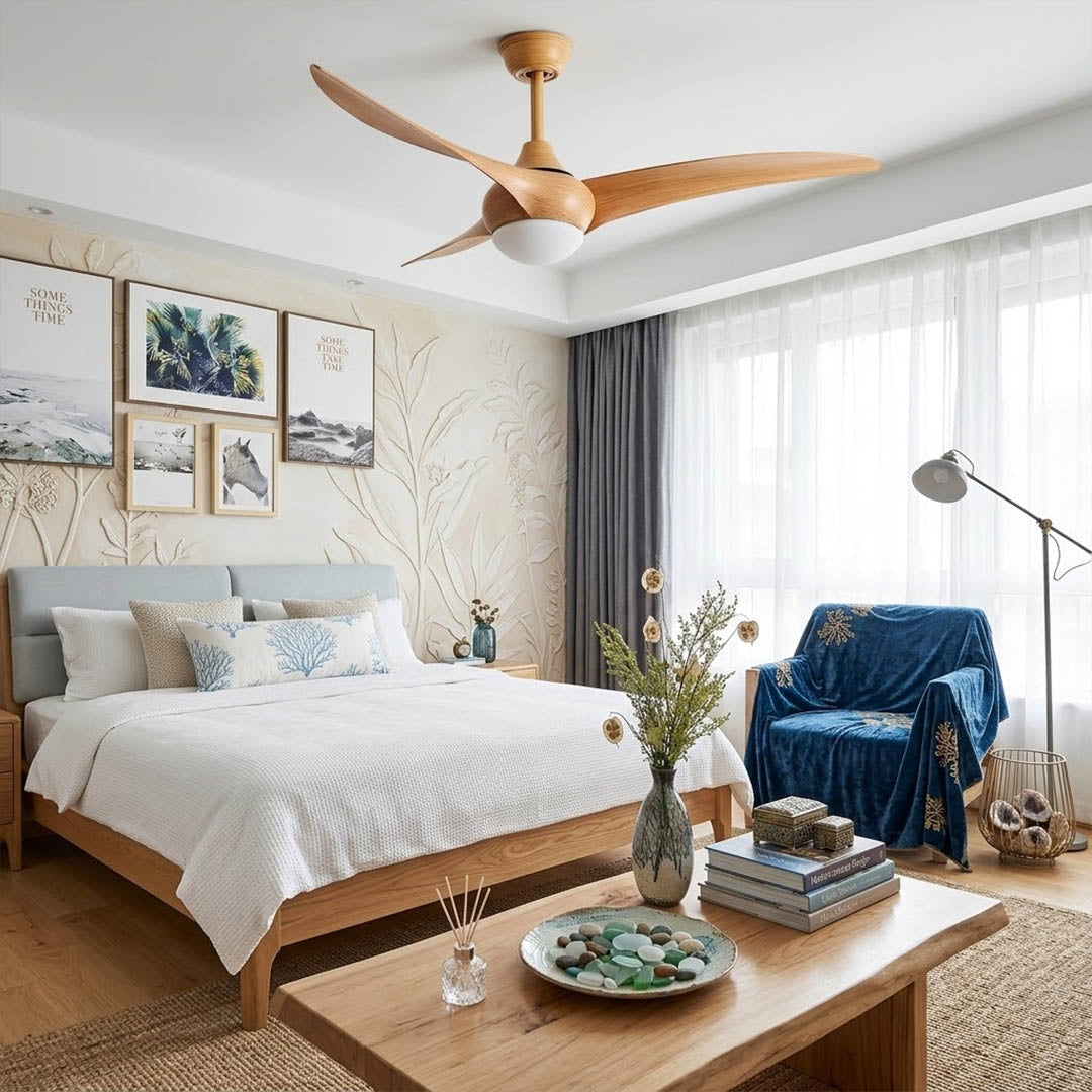 Volari flush mount ceiling fan master bedroom quiet operation modern minimalist interior