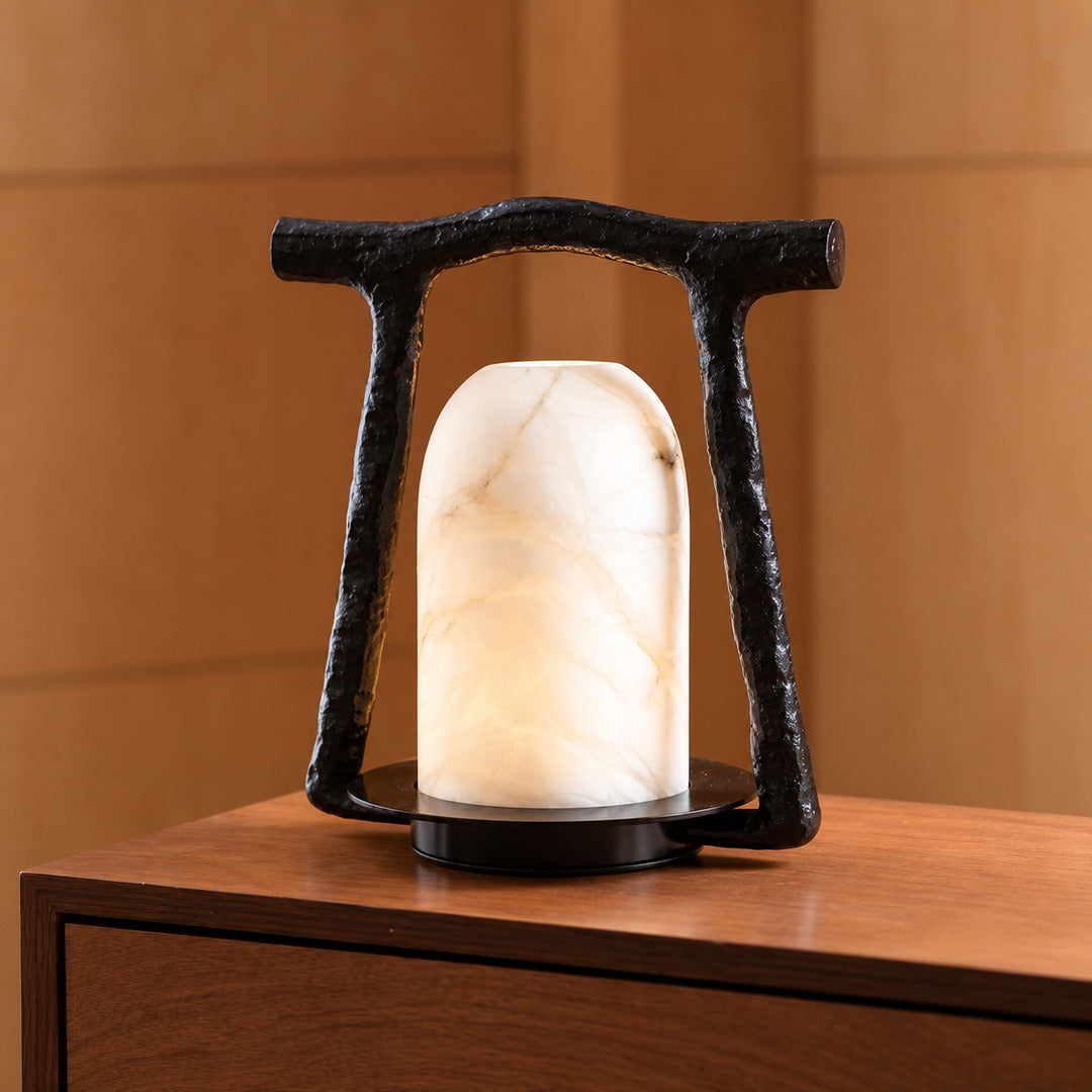 Close-up of the milky white natural alabaster dome of the Volta lamp unlit