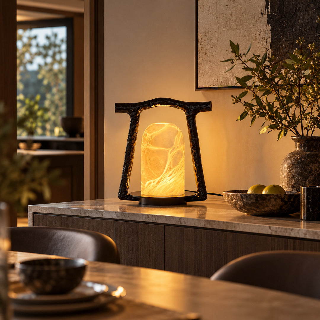 Volta alabaster table lamp as a sculptural accent on an entryway console