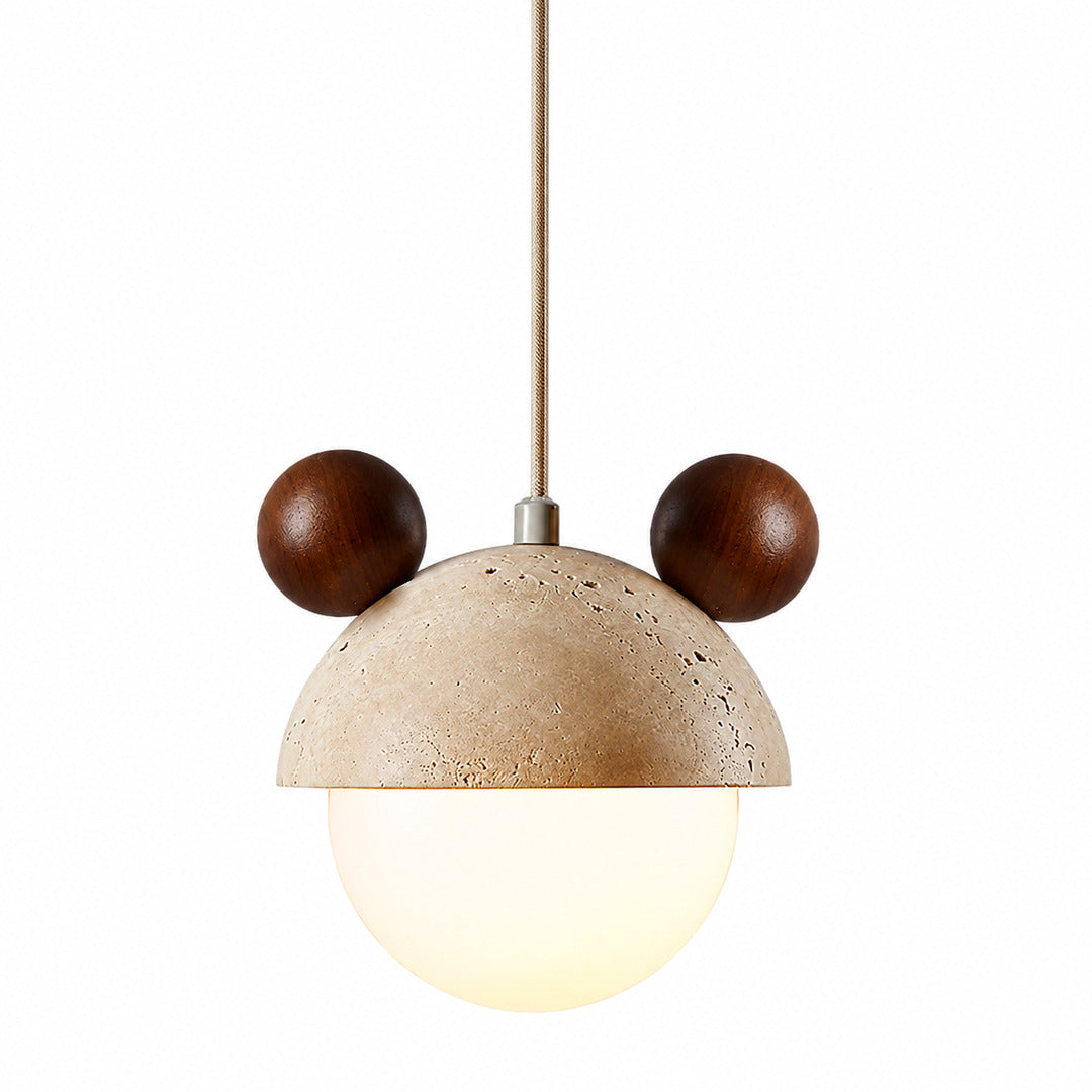 Volta travertine pendant light yellow travertine stone dome solid wood top mini minimalist white background