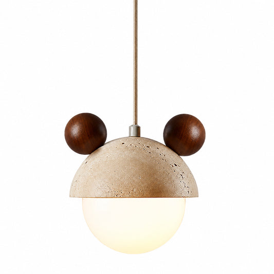 Volta travertine pendant light yellow travertine stone dome solid wood top mini minimalist white background