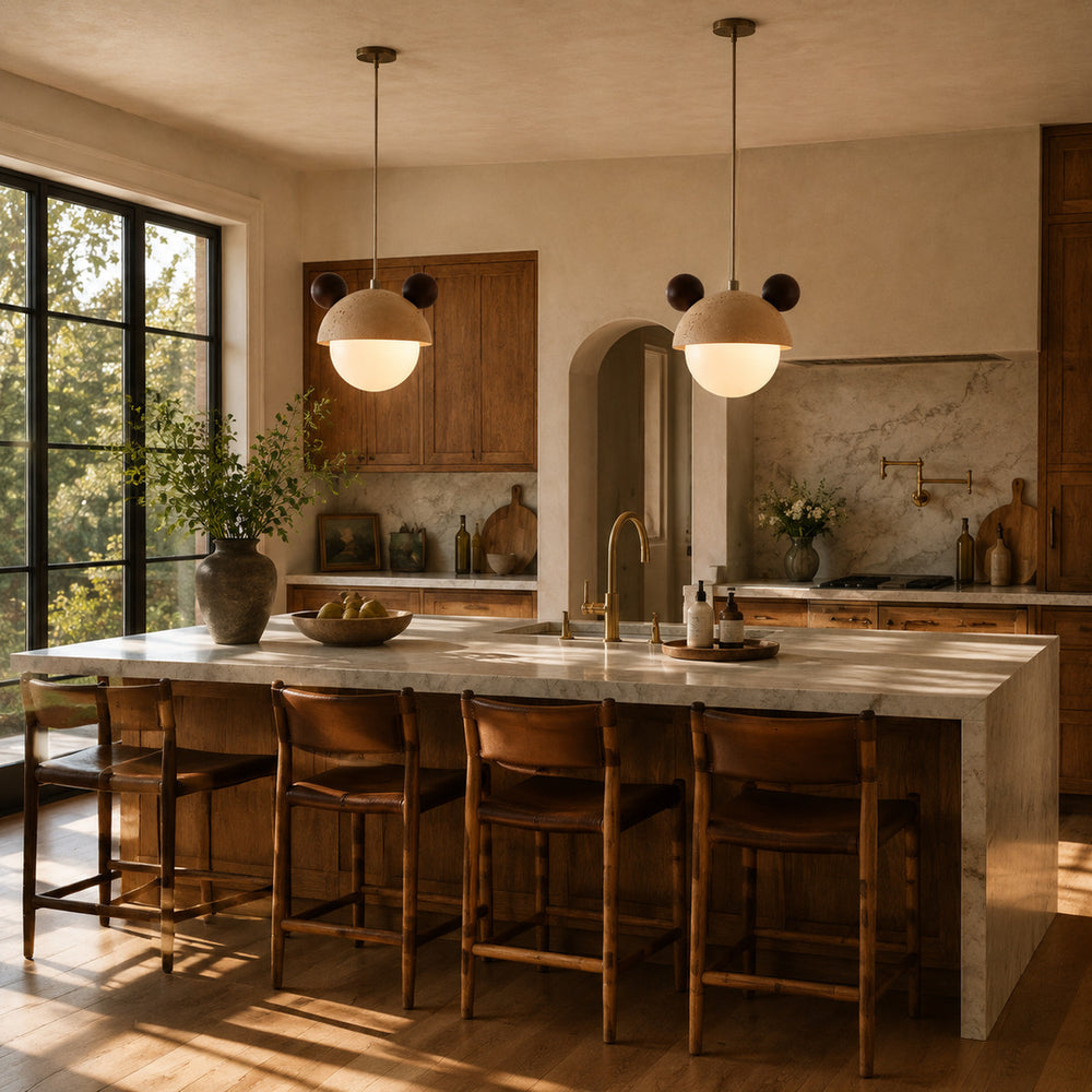 Volta travertine pendant light kitchen island warm downward glow travertine stone wood dome minimalist American home lifestyle interior styled