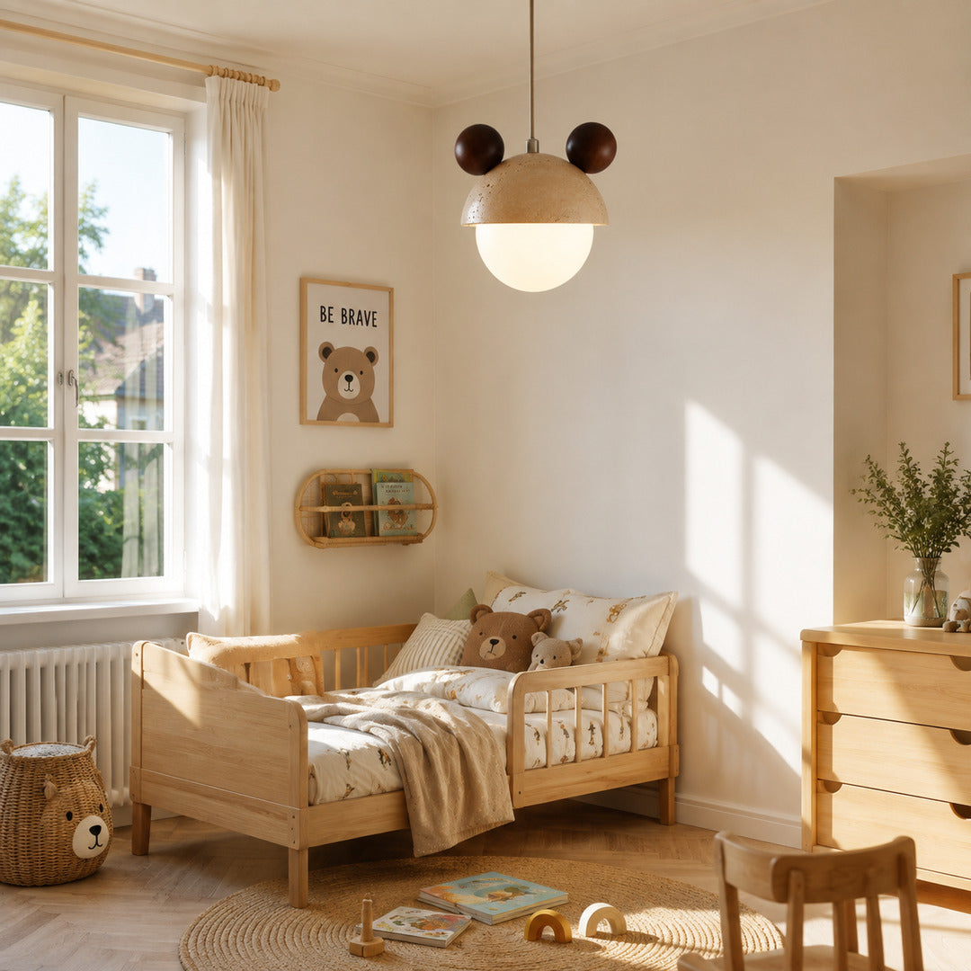 Volta travertine pendant light bedroom bedside warm glow travertine stone wood dome cozy American home lifestyle interior styled