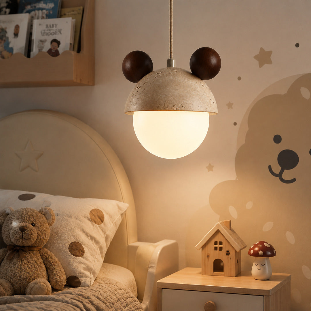 Volta travertine pendant light bedroom bedside warm glow travertine stone wood dome cozy American home lifestyle interior styled