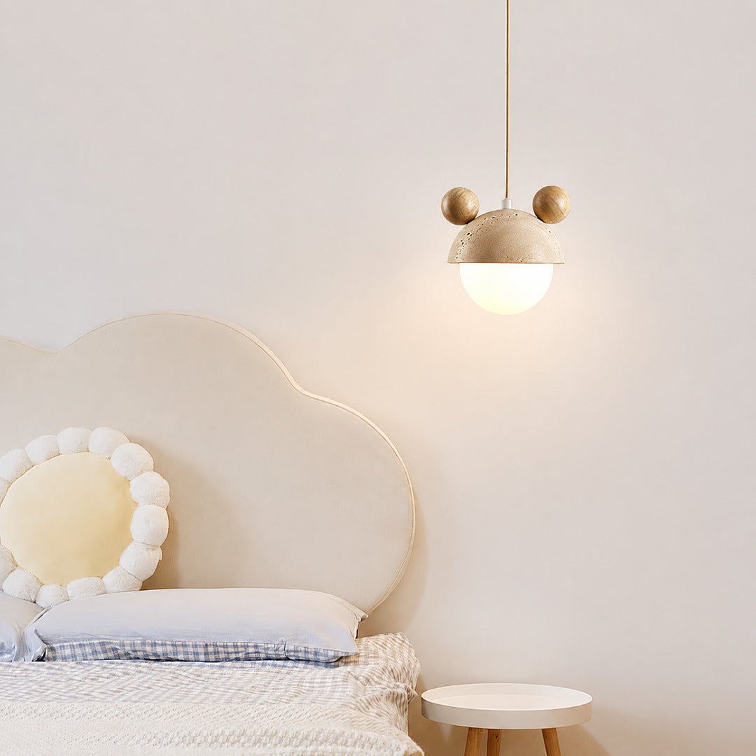 Volta travertine pendant light bedroom bedside warm glow travertine stone wood dome cozy American home lifestyle interior styled