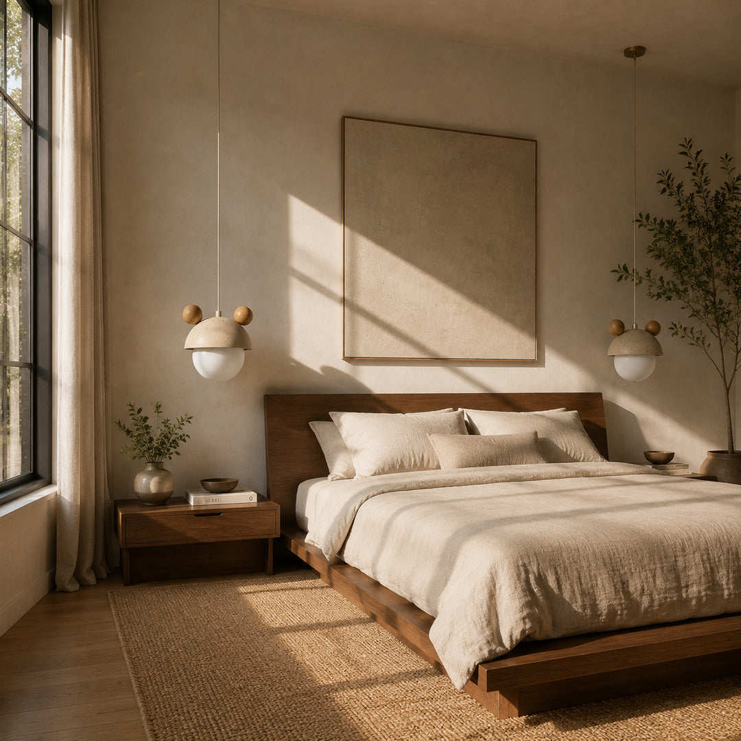 Volta travertine pendant light bedroom bedside warm glow travertine stone wood dome cozy American home lifestyle interior styled