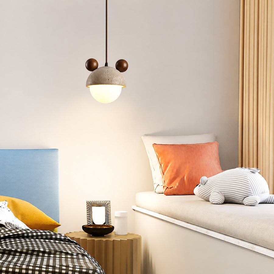 Volta travertine pendant light bedroom bedside warm glow travertine stone wood dome cozy American home lifestyle interior styled