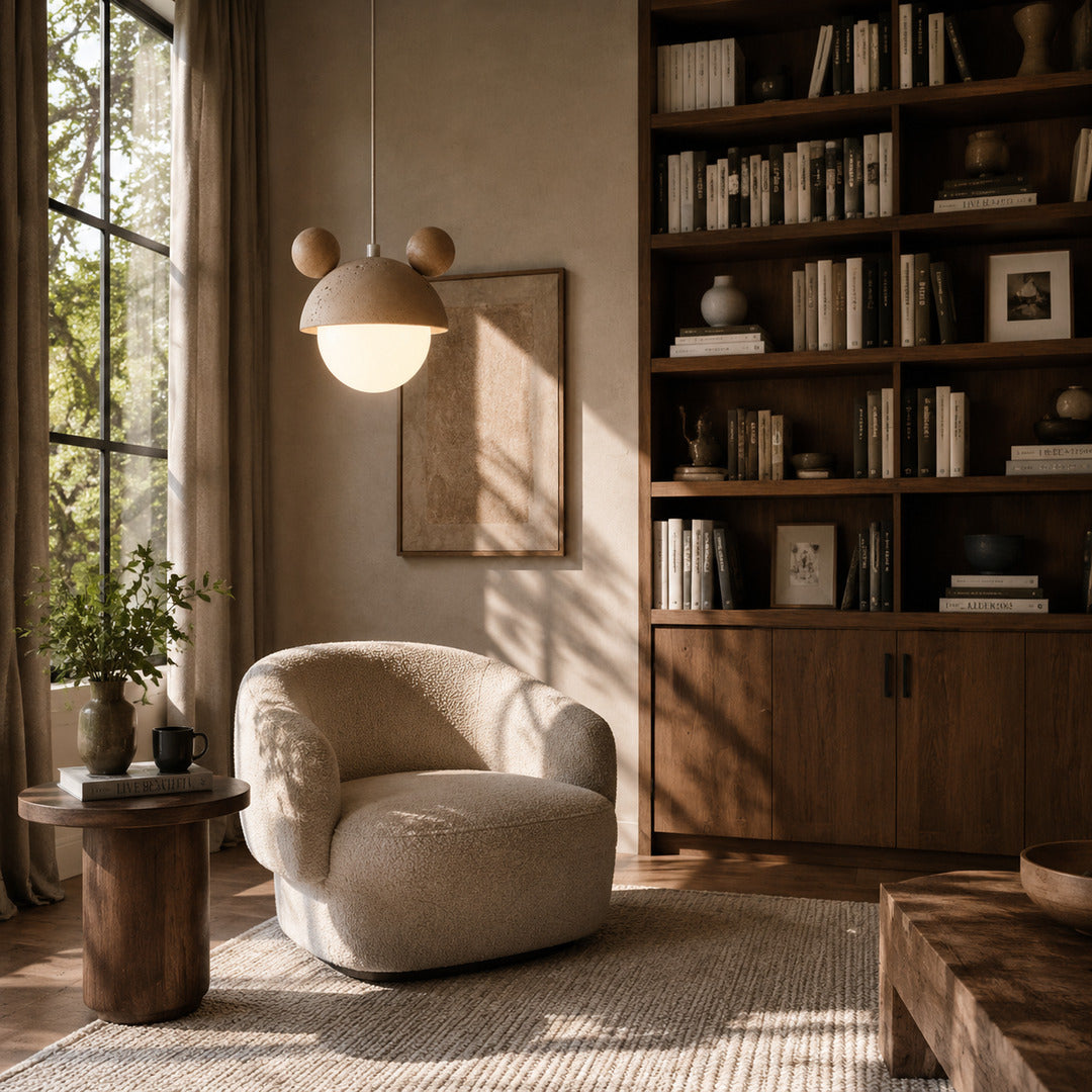Volta travertine pendant light breakfast nook warm glow travertine stone wood dome American home lifestyle interior styled