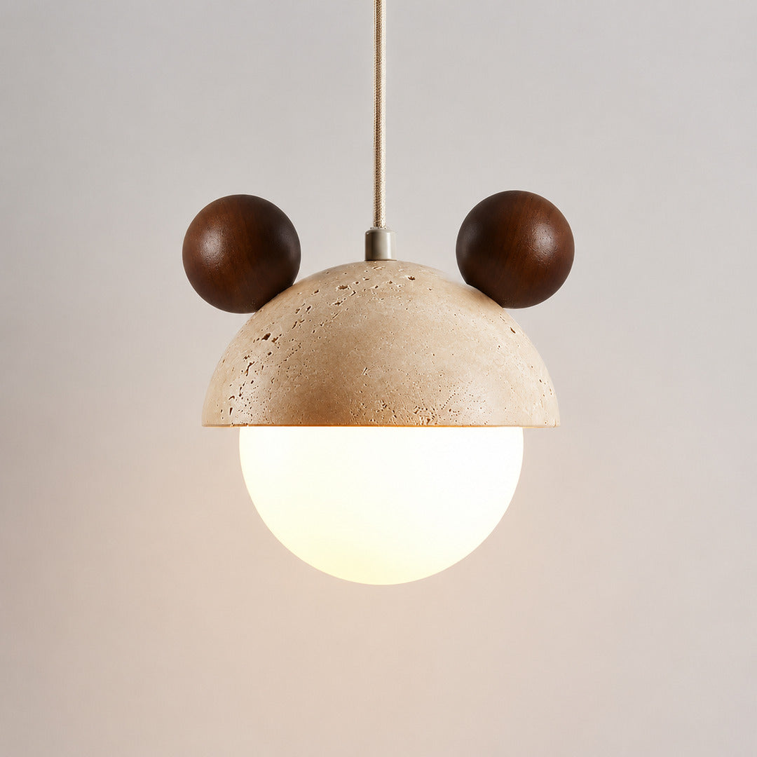 Volta travertine pendant light yellow travertine stone dome solid wood top mini minimalist white background