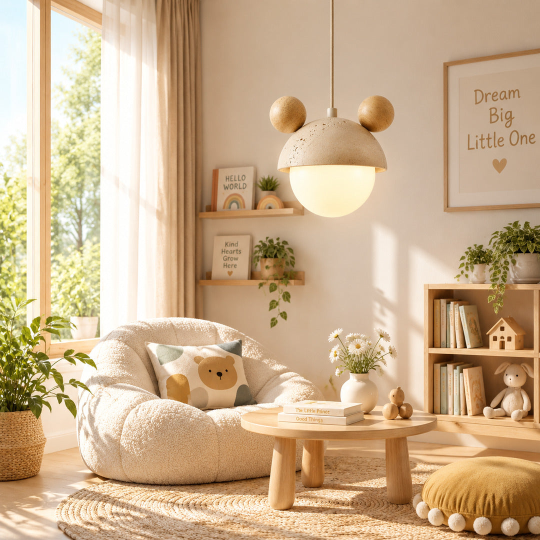 Volta travertine pendant light wabi sabi japandi scandinavian natural stone wood space travertine warm American home lifestyle interior styled