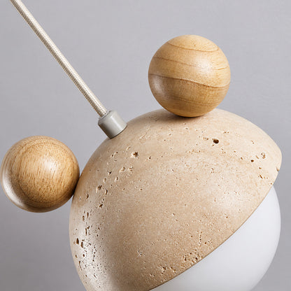 Volta travertine pendant light yellow travertine natural stone veining porous texture dome detail close up unique