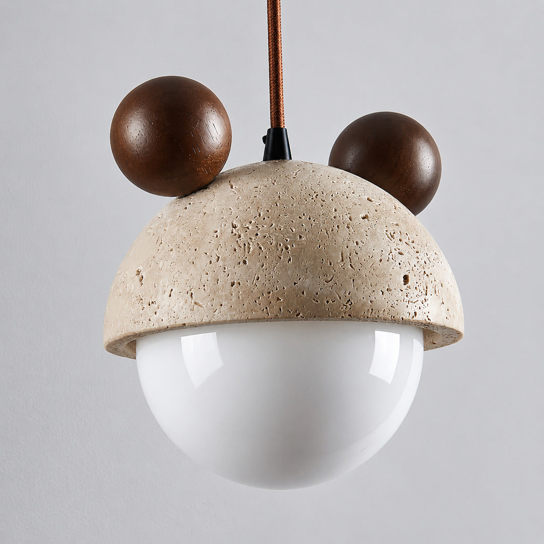Volta travertine pendant light solid wood top dark walnut grain detail junction close up