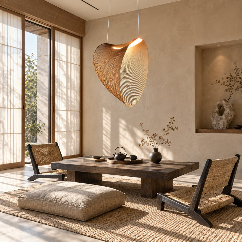 Voluta wood pendant light with its organic bent-wood form suiting a calm wabi-sabi interior