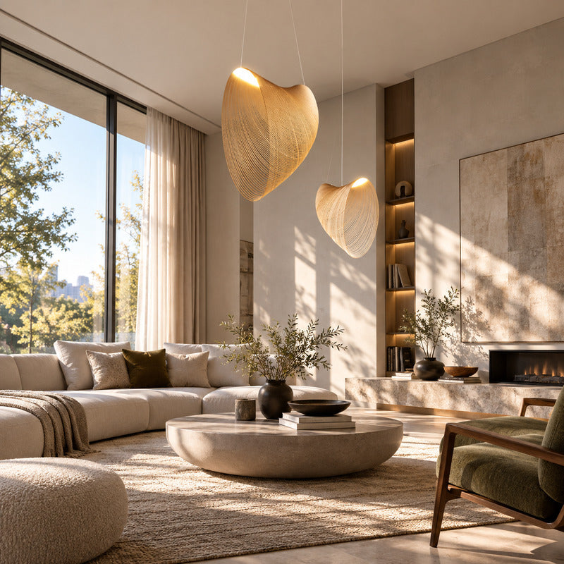 Voluta bent-wood pendant light complementing a warm Japandi space with natural materials