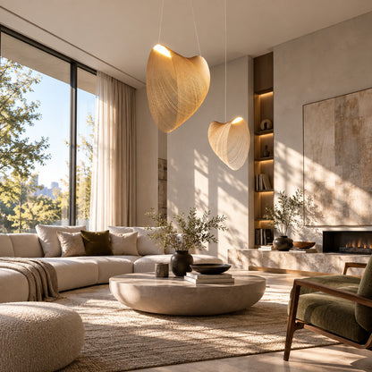 Voluta bent-wood pendant light complementing a warm Japandi space with natural materials