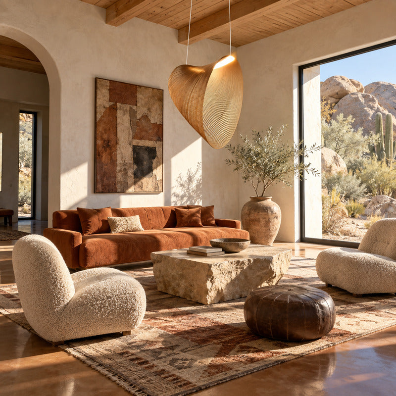 Voluta wood pendant light as a warm sculptural centerpiece in a modern living room