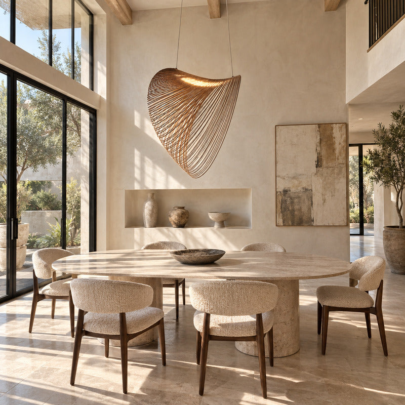Voluta wood pendant light casting a warm glow over a contemporary dining room table