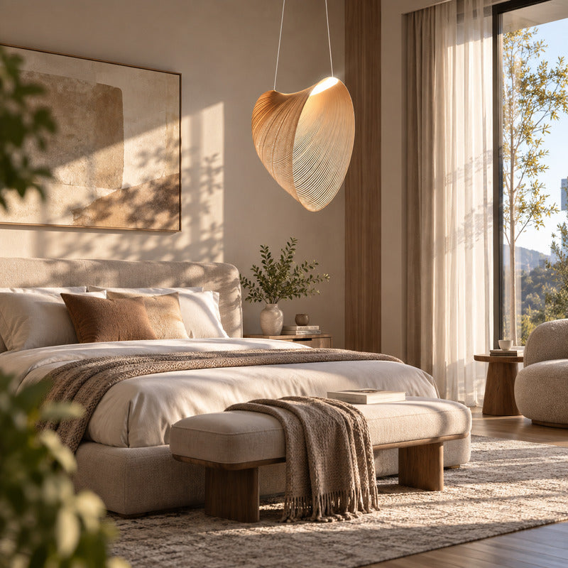 Voluta bent-wood pendant light adding a soft organic glow above a modern bedroom