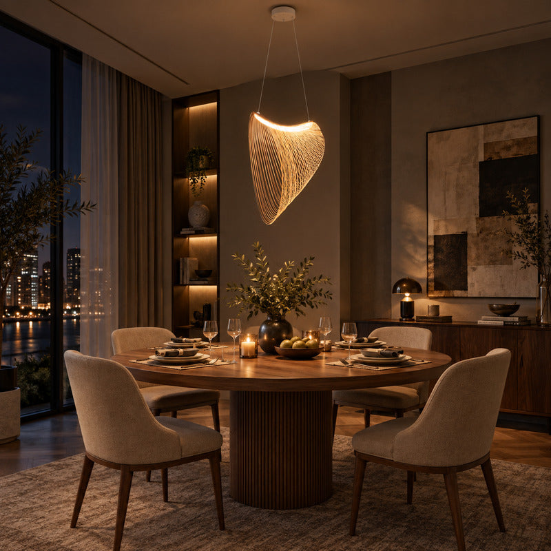 Voluta wood pendant light casting a warm glow over a contemporary dining room table