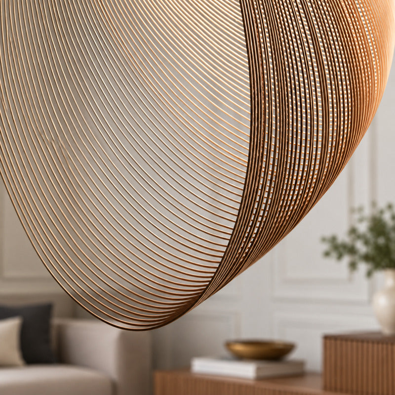 Detail of the natural wood grain on the bent-wood shade of the Voluta pendant light