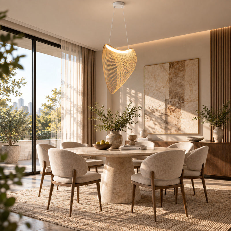 Voluta wood pendant light casting a warm glow over a contemporary dining room table