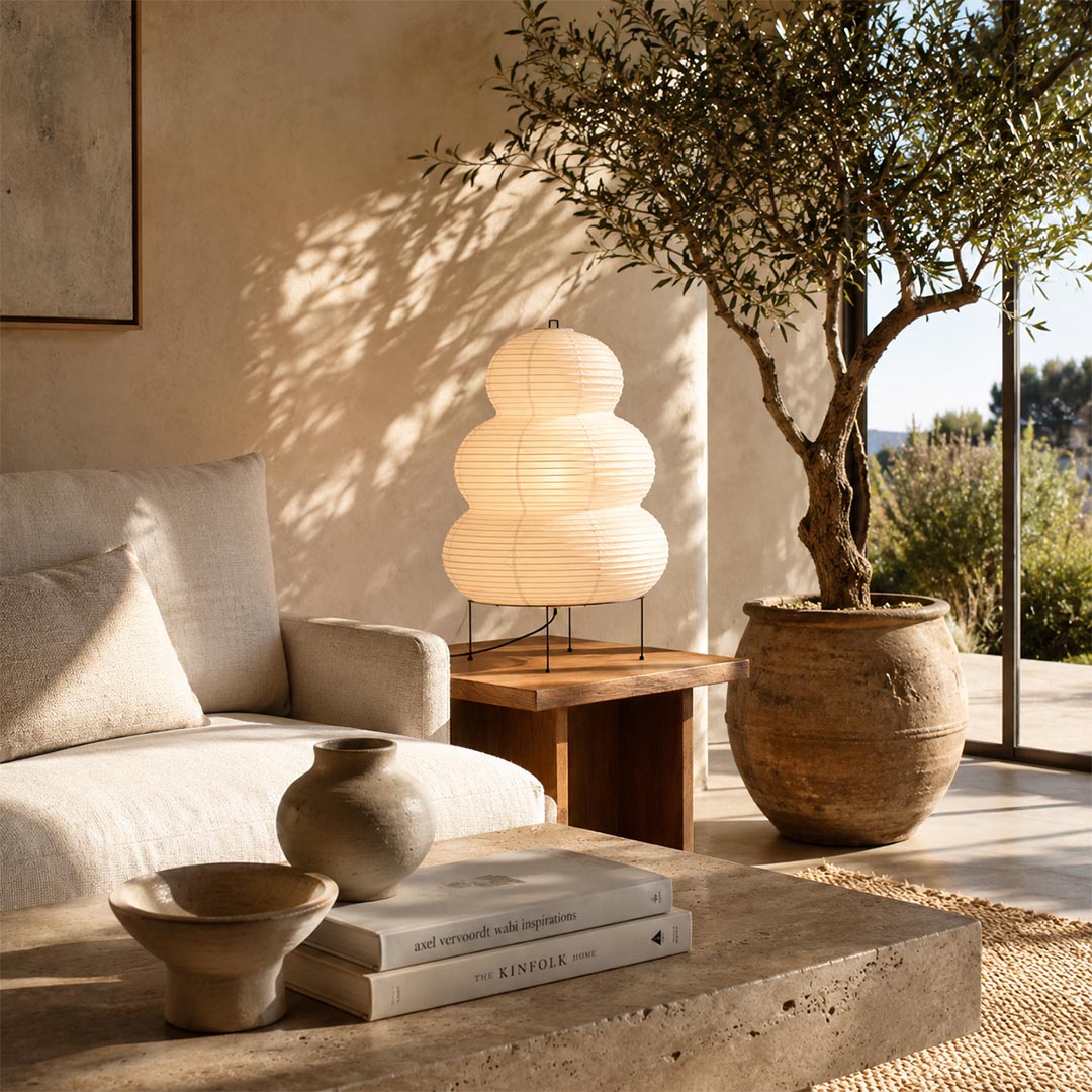 Organic modern Washi Paper 25N Table Lamp positioned next to a large indoor potted plant in a bright lounge by Stuber Lighting.