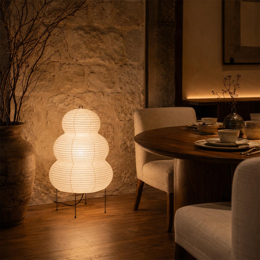 Moody dining space enhanced by a glowing Washi Paper 25N Floor Table Lamp against a textured plaster wall by Stuber Lighting.