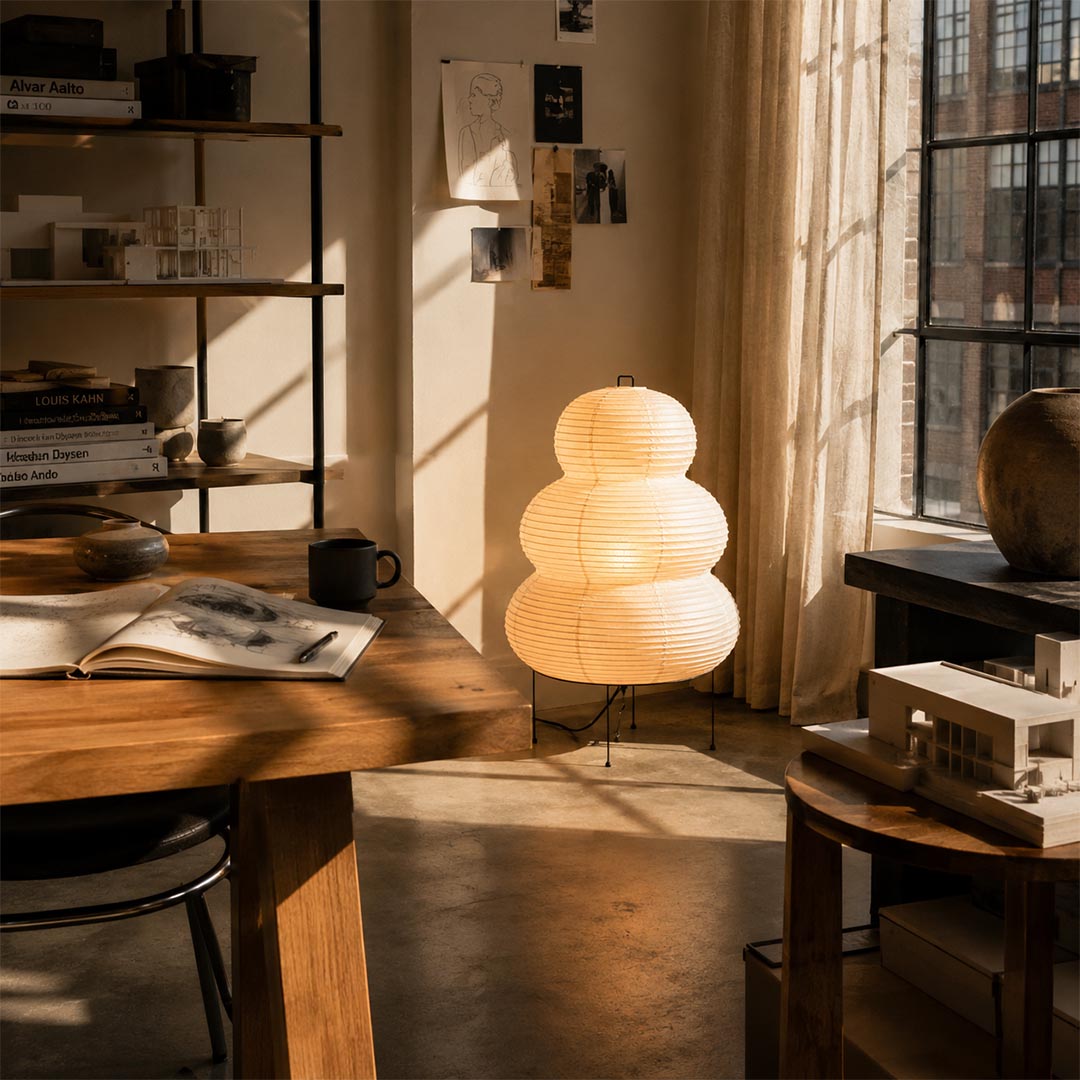 Aesthetic 3-tier Washi Paper 25N Lantern Lamp styled in a rustic sun-drenched home office by Stuber Lighting.