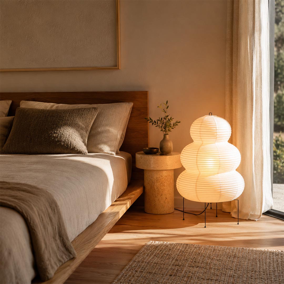 Washi Paper 25N Table Lamp glowing warmly on a wooden bedside table in a peaceful Japandi bedroom by Stuber Lighting.