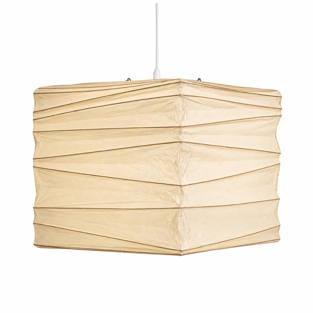 The crinkled cream-colored texture of an unlit Washi Paper 33X 45X Pendant Light on a white background by Stuber Lighting.
