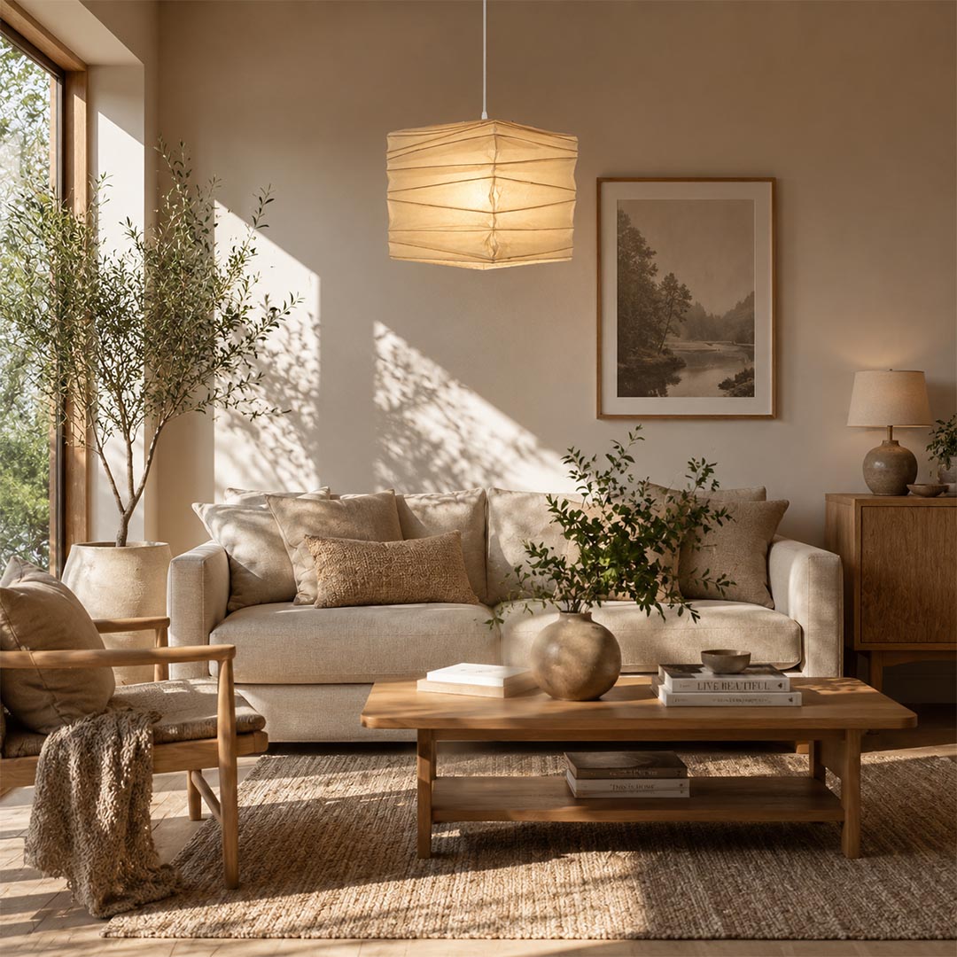 Elegant Washi Paper 33X 45X Pendant Lamp illuminating a serene Wabi-Sabi living room layout by Stuber Lighting.