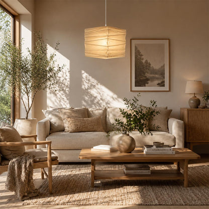 Elegant Washi Paper 33X 45X Pendant Lamp illuminating a serene Wabi-Sabi living room layout by Stuber Lighting.
